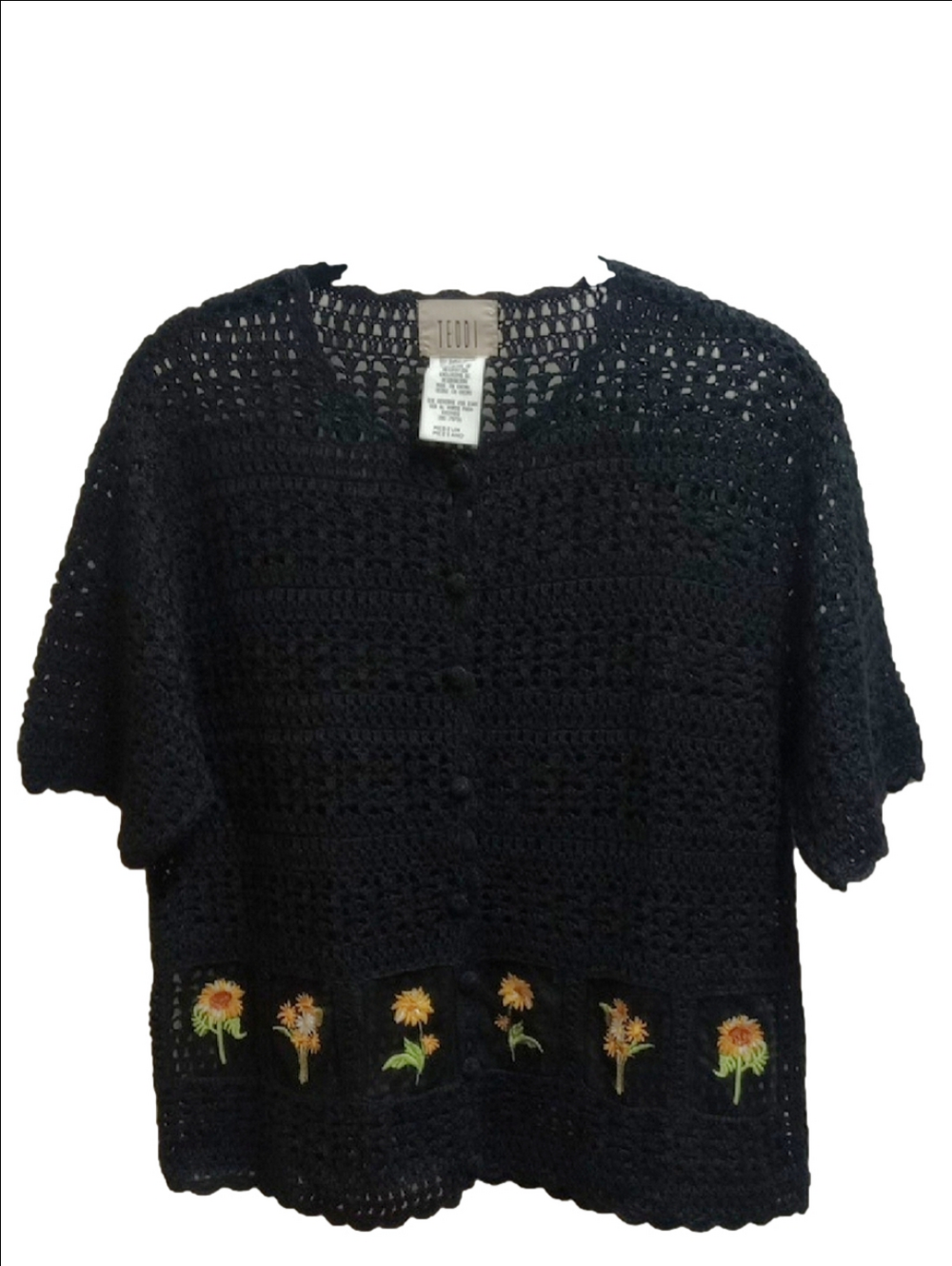 🌻TEDDI VINTAGE Y2K 90 BLACK CROCHET SHORT SLEEVE BOHO CARDIGAN WITH SUNFLOWERS